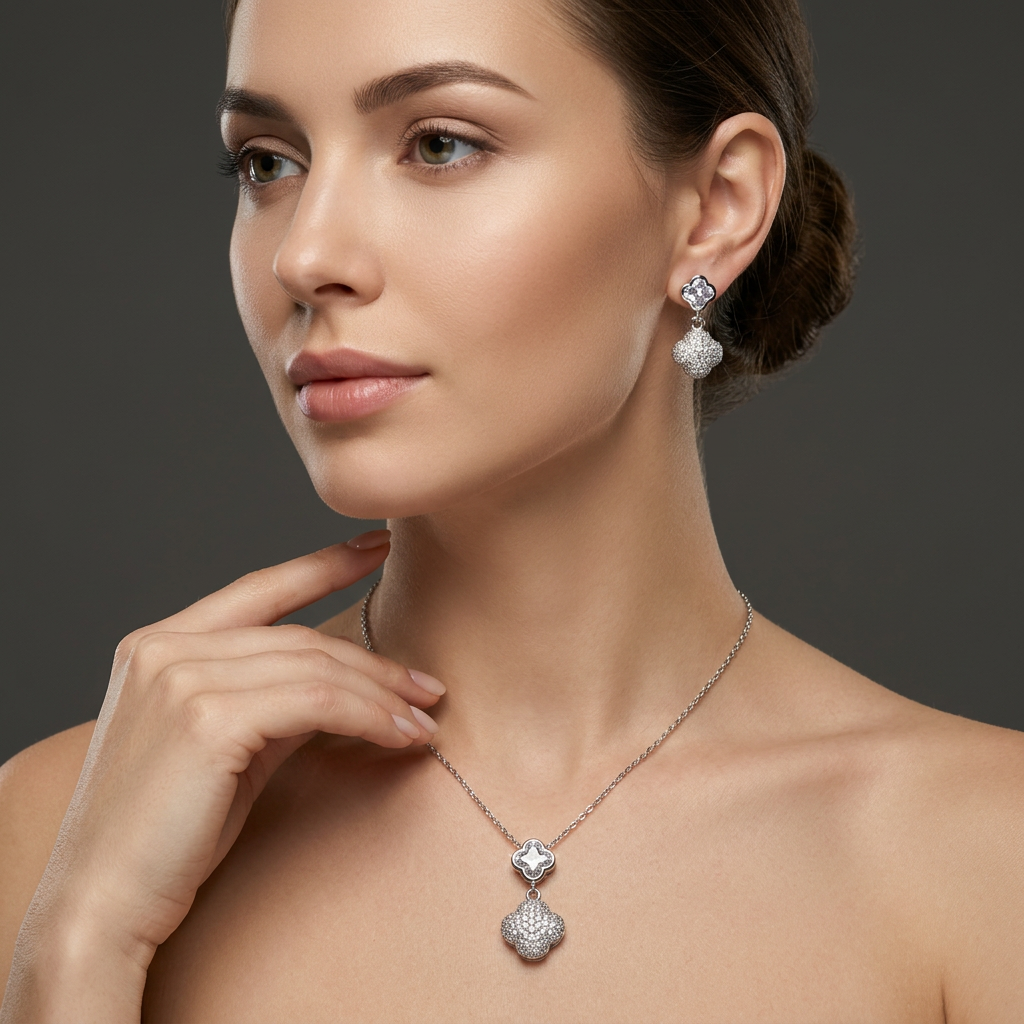 Silver Clover Pendant Necklace Set with Earrings