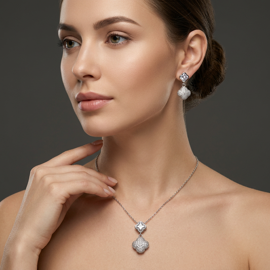 Silver Clover Pendant Necklace Set with Earrings