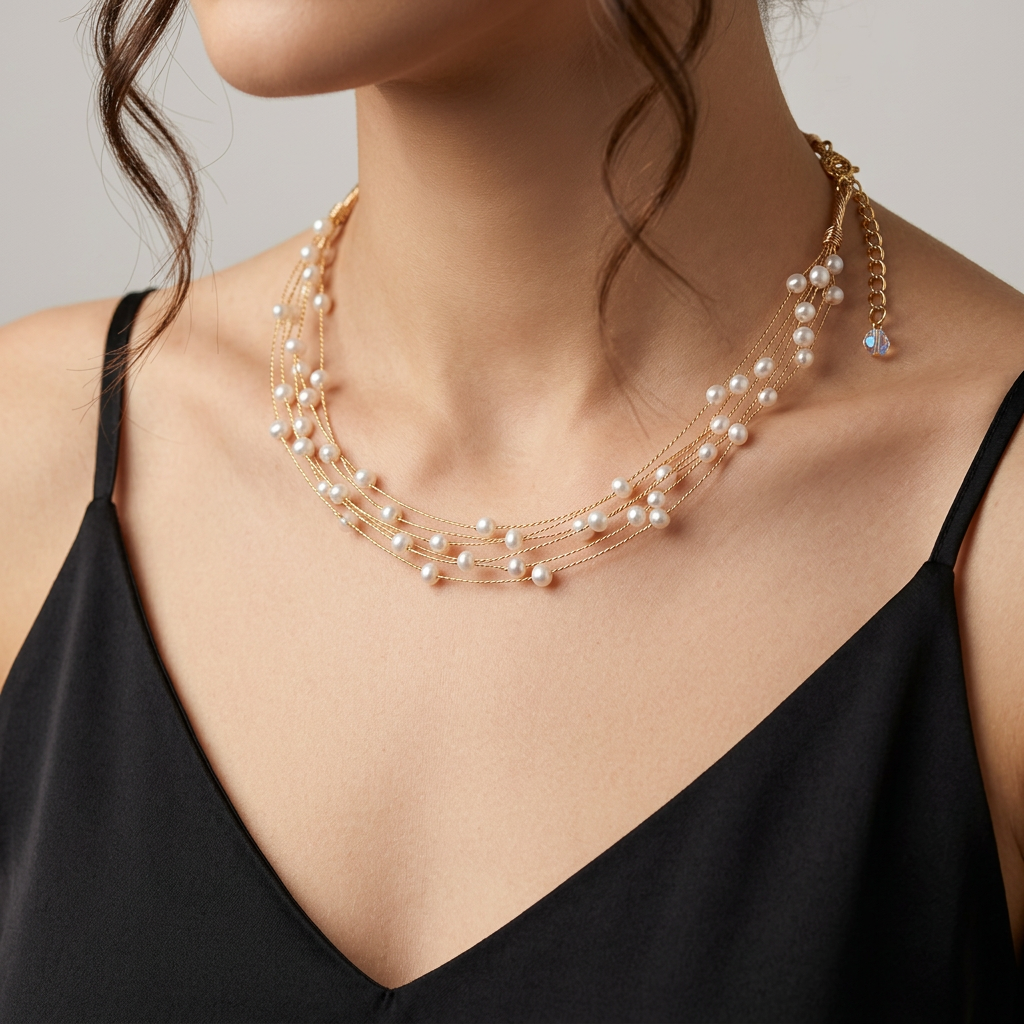 Elegant Gold Tone Multi Layer Pearl Necklace for Women