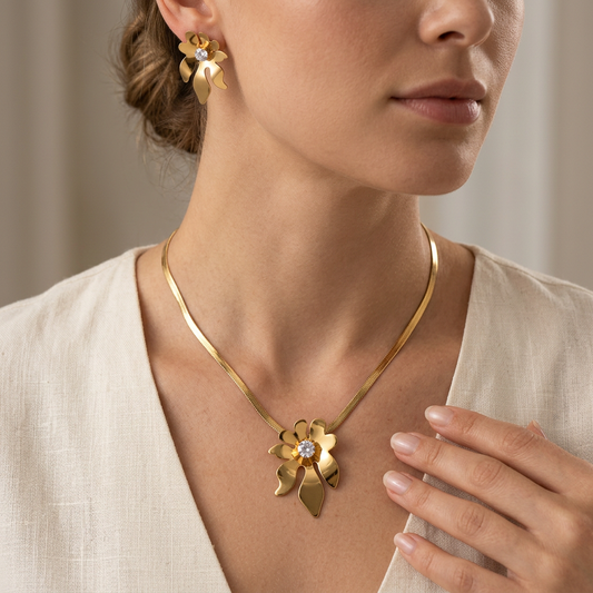 Gold Flower Pendant Necklace Set with Earrings