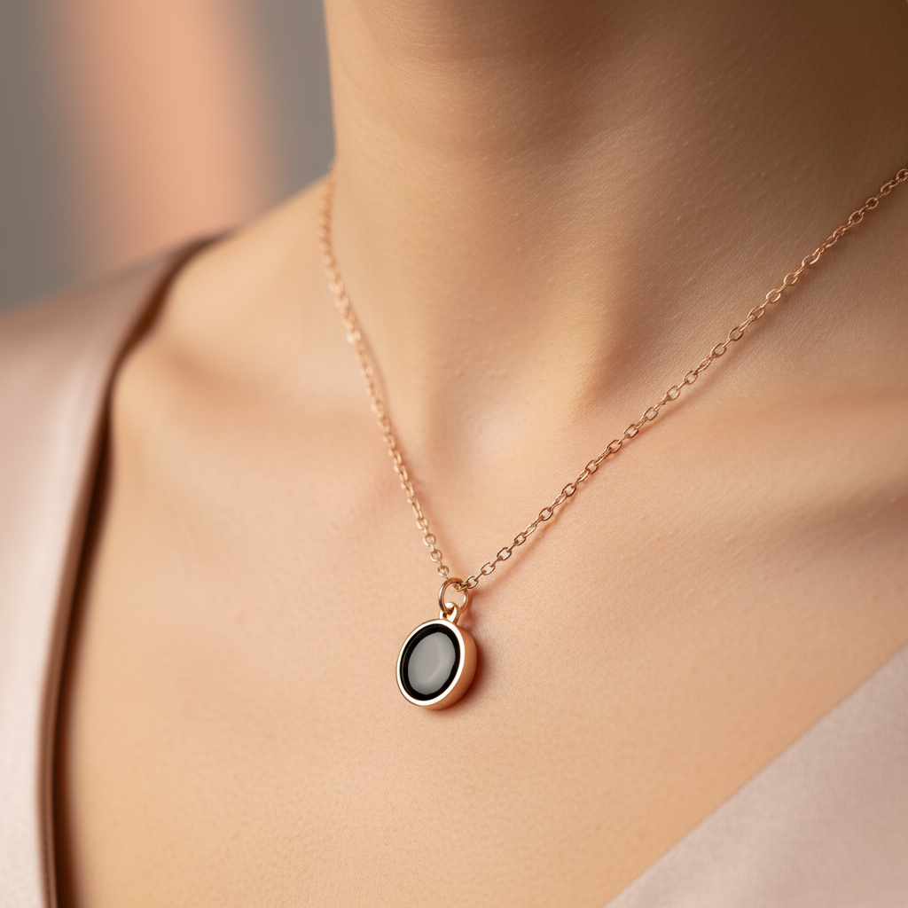 Rose Gold Oval Black Stone Chain Pendant Necklace for Women