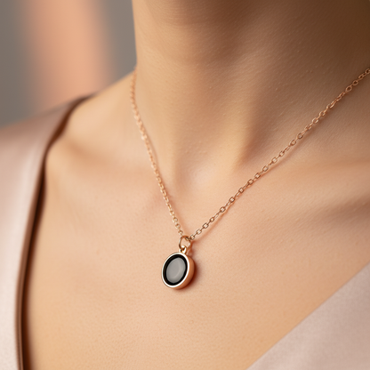 Rose Gold Oval Black Stone Chain Pendant Necklace for Women