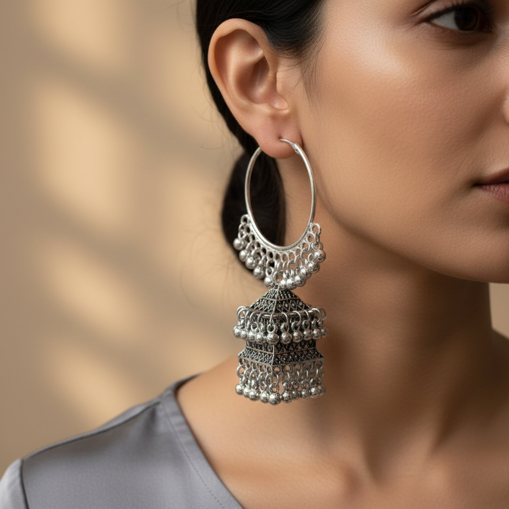 Oxidised Silver Hoop Jhumka Earrings for Women