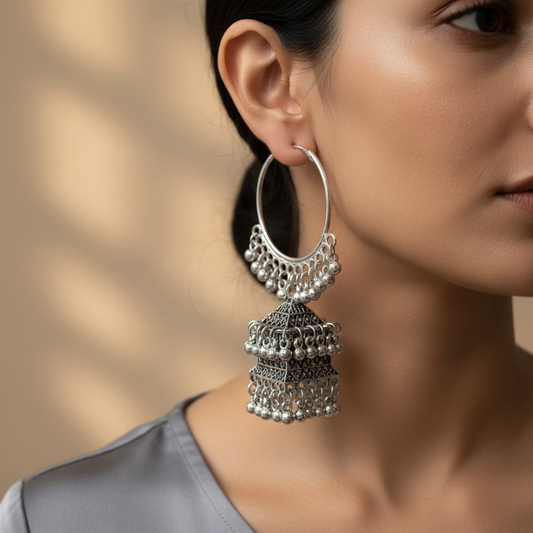 Oxidised Silver Hoop Jhumka Earrings for Women
