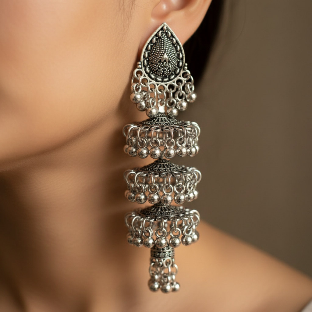 Oxidised Silver Layered Jhumka Earrings for Women