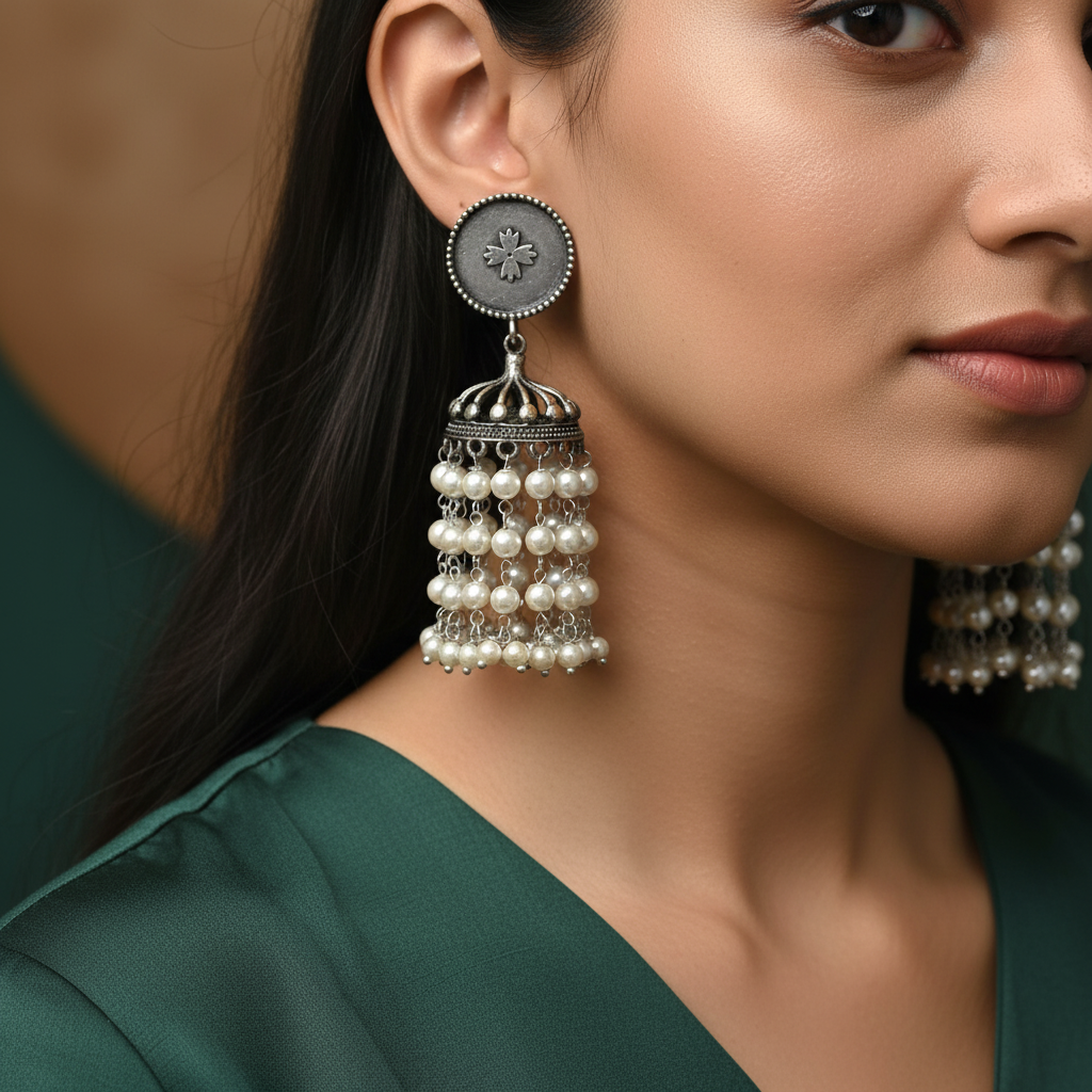 German Silver Pearl Jhumka Earrings for Women