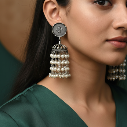 German Silver Pearl Jhumka Earrings for Women