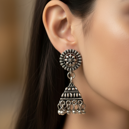 Oxidised Silver Star Floral Jhumka Earrings for Women