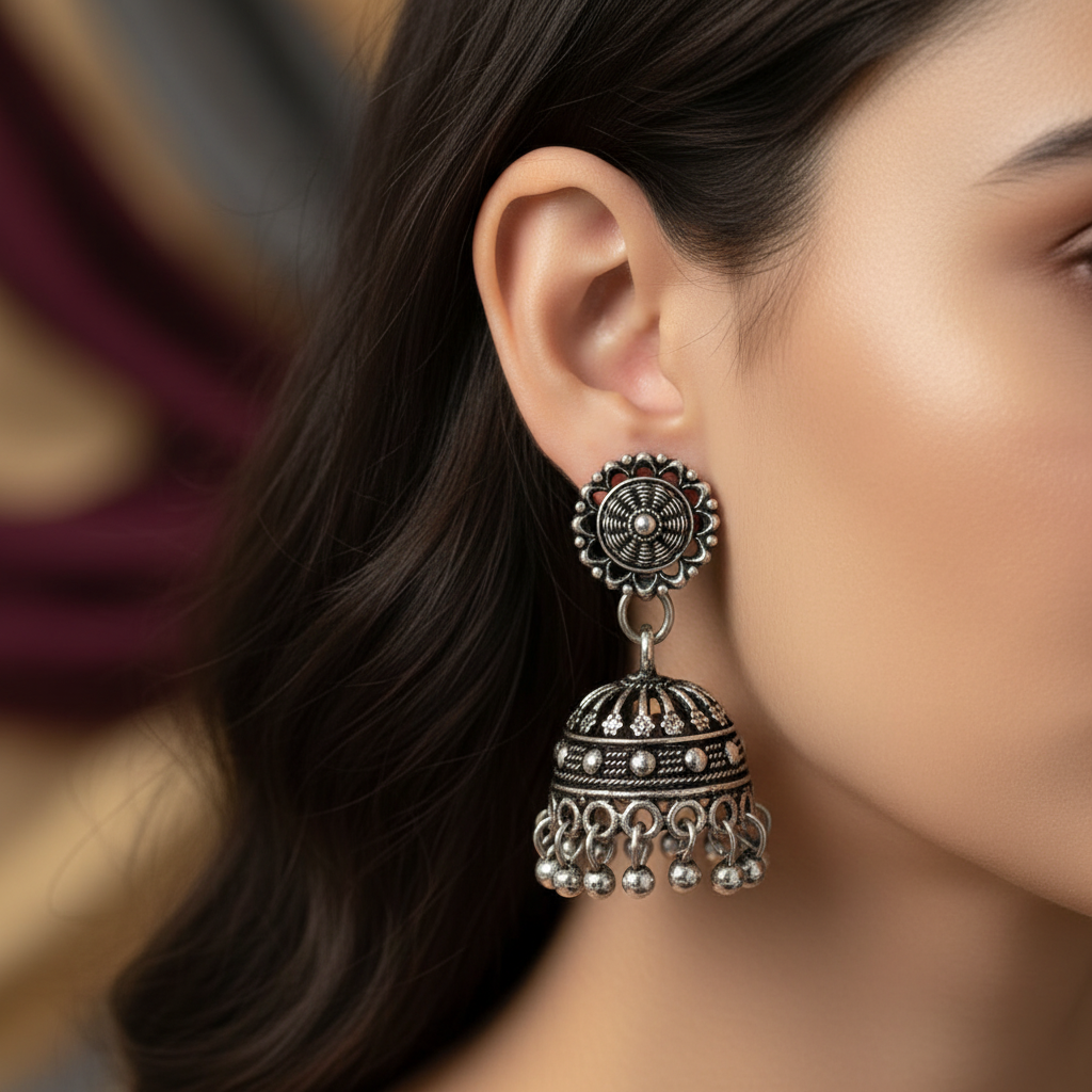 Oxidised Silver Jhumka Earrings for Women