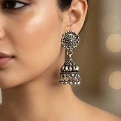 Oxidised Silver Traditional Jhumka Earrings for Women
