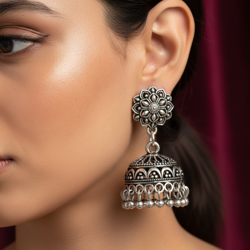 Oxidised Silver Mandala Jhumka Earrings for Women