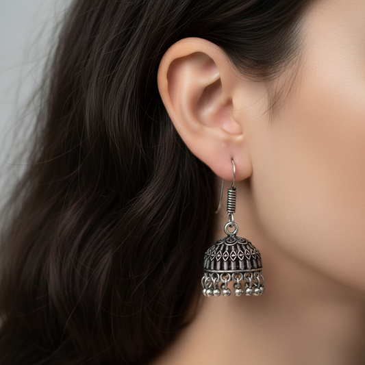 Oxidised Silver Classic Jhumka Earrings for Women