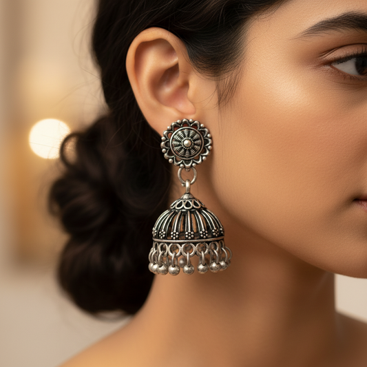 Oxidised Silver Floral Jhumka Earrings for Women