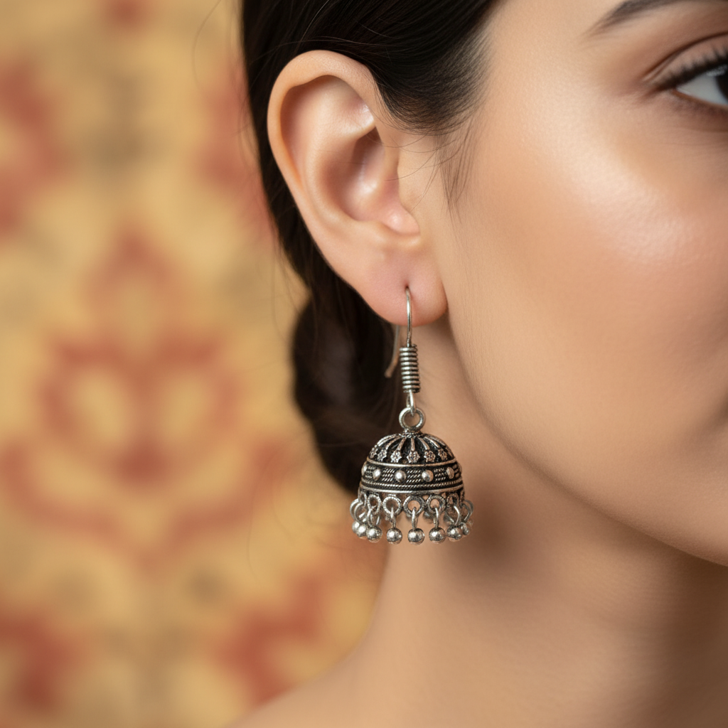 Oxidised Silver Jhumka Earrings for Women