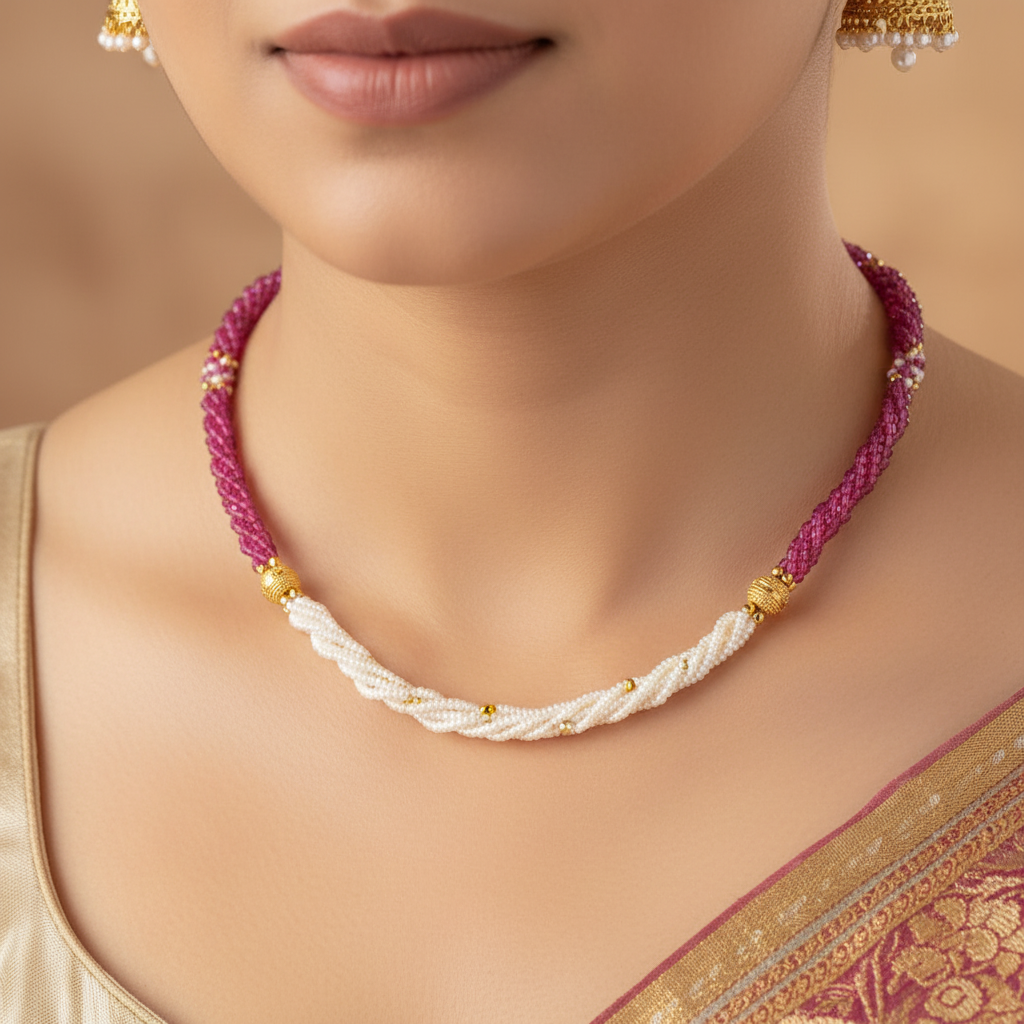 Traditional Dual Tone Beaded Pearl Mala Necklace for Women