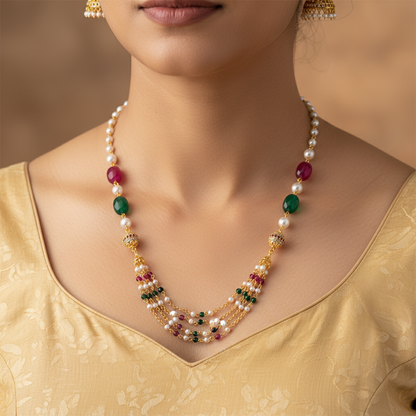Traditional Multi-Color Pearl & Stone Layered Mala Necklace for Women