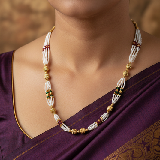 Traditional Pearl Beaded Gold Accent Mala Necklace for Women