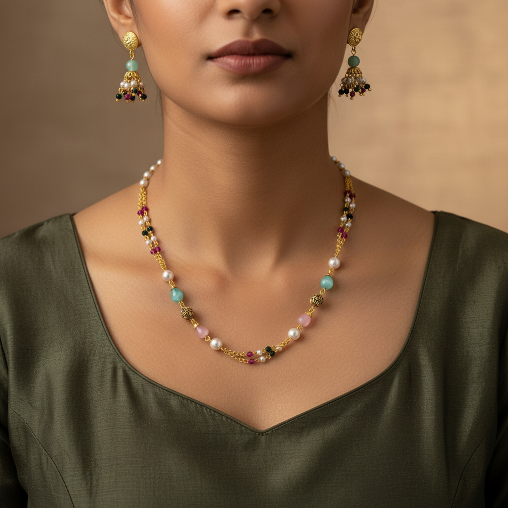 Traditional Multi-Color Beaded Chain Mala Necklace for Women