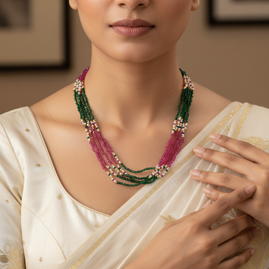 Traditional Multi-Color Layered Beaded Mala Necklace for Women