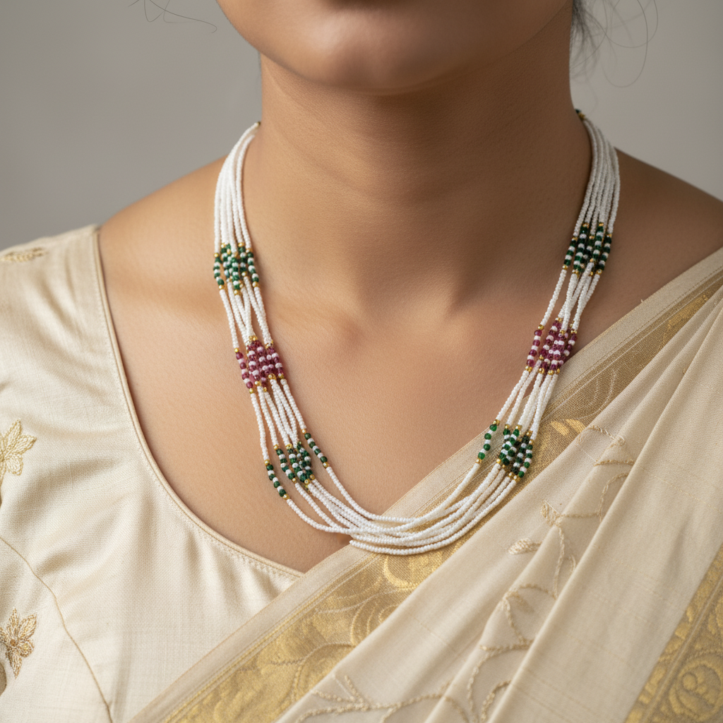 Traditional Multi-Strand Beaded Pearl Mala Necklace for Women