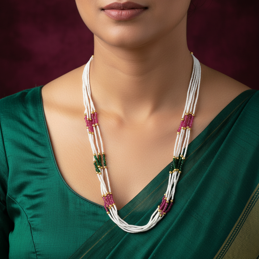 Traditional Multi-Strand Pearl Beaded Mala Necklace for Women