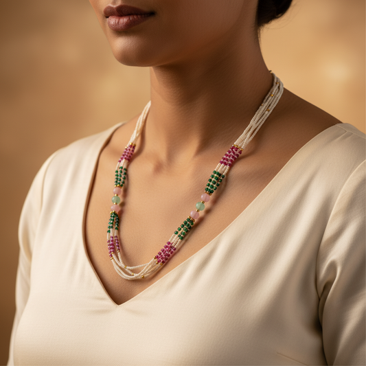 Traditional Multi-Color Beaded Pearl Mala Necklace for Women