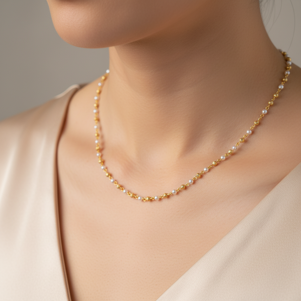 Traditional Gold Beaded Pearl Minimal Mala Necklace for Women