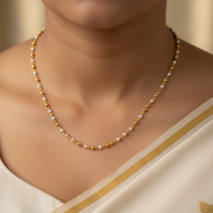 Traditional Gold Beaded Pearl Minimal Mala Necklace for Women