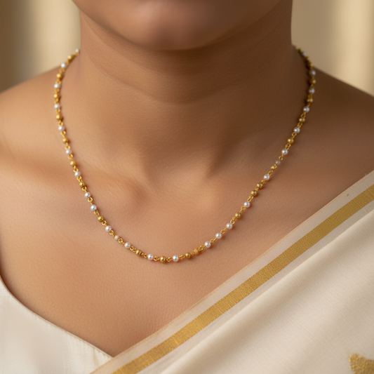 Traditional Gold Beaded Pearl Minimal Mala Necklace for Women