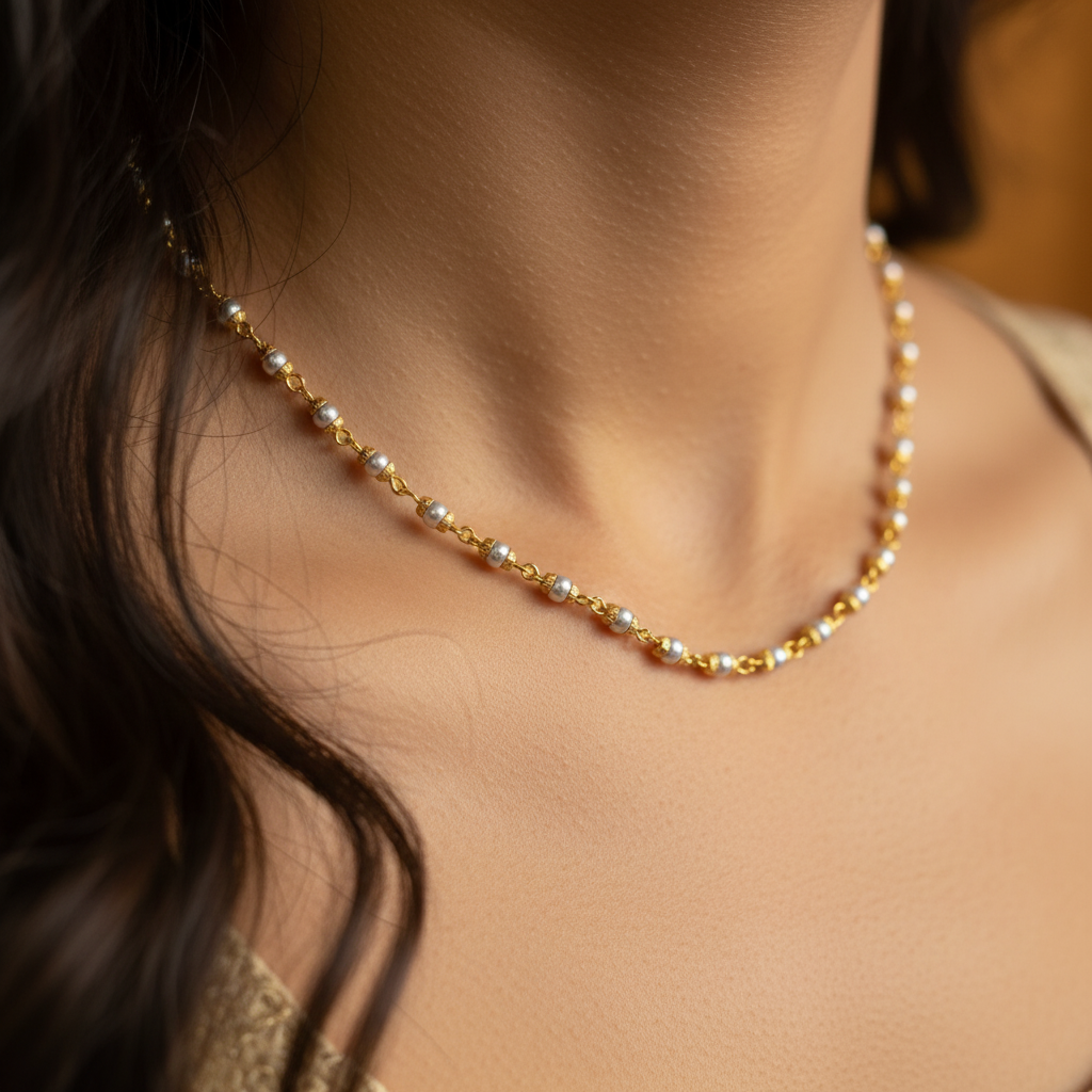 Gold Beaded Pearl Minimal Mala Necklace for Women