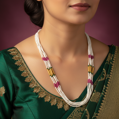 Traditional Multi-Strand Pearl Beaded Mala Necklace for Women