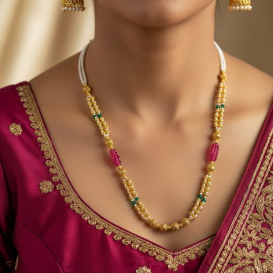 Traditional Gold Tone Beaded Pearl Mala Necklace for Women