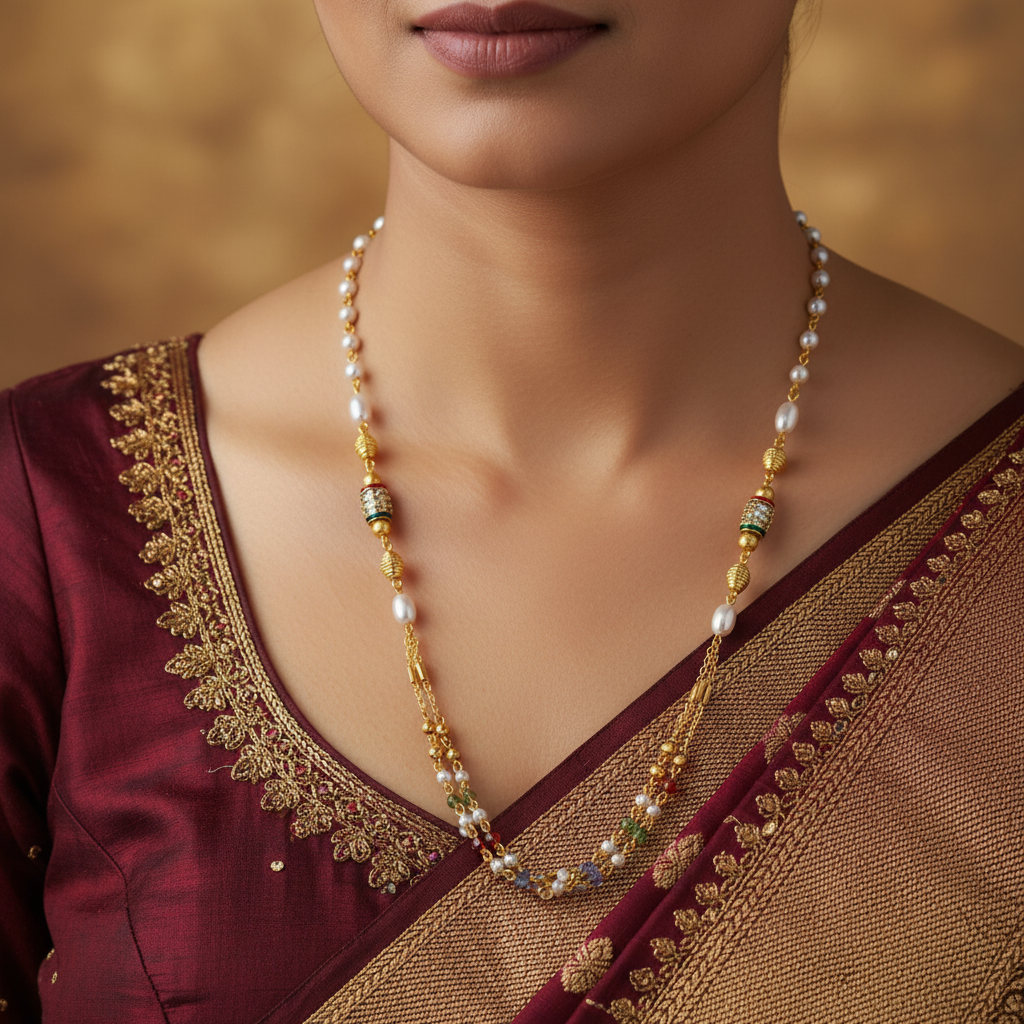 Traditional Gold Tone Pearl Beaded Mala Necklace for Women