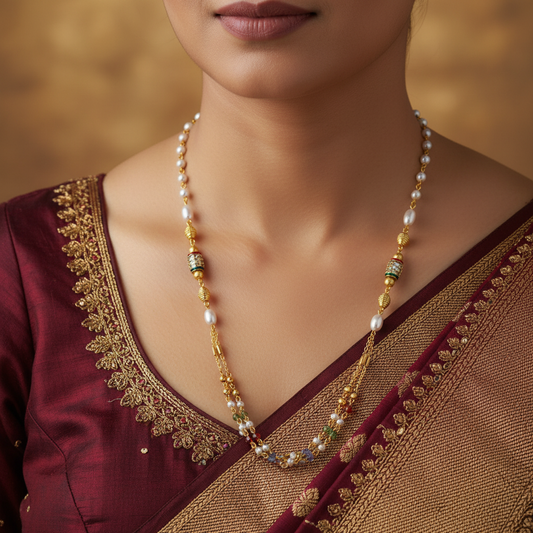 Traditional Gold Tone Pearl Beaded Mala Necklace for Women