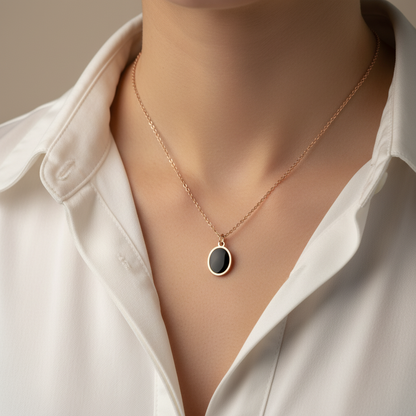 Minimal Oval Black Stone Chain Pendant Necklace for Women
