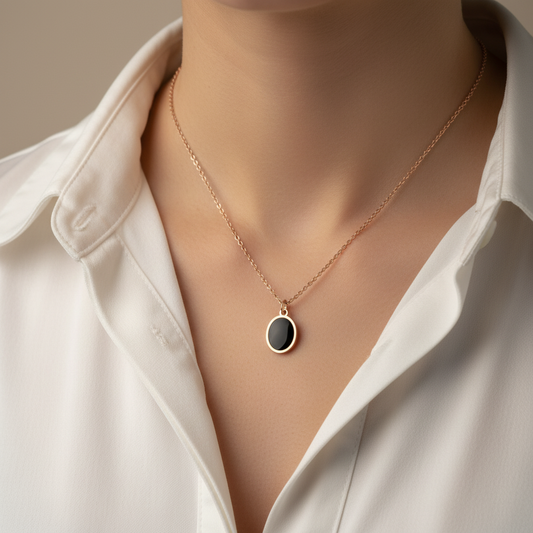 Minimal Oval Black Stone Chain Pendant Necklace for Women
