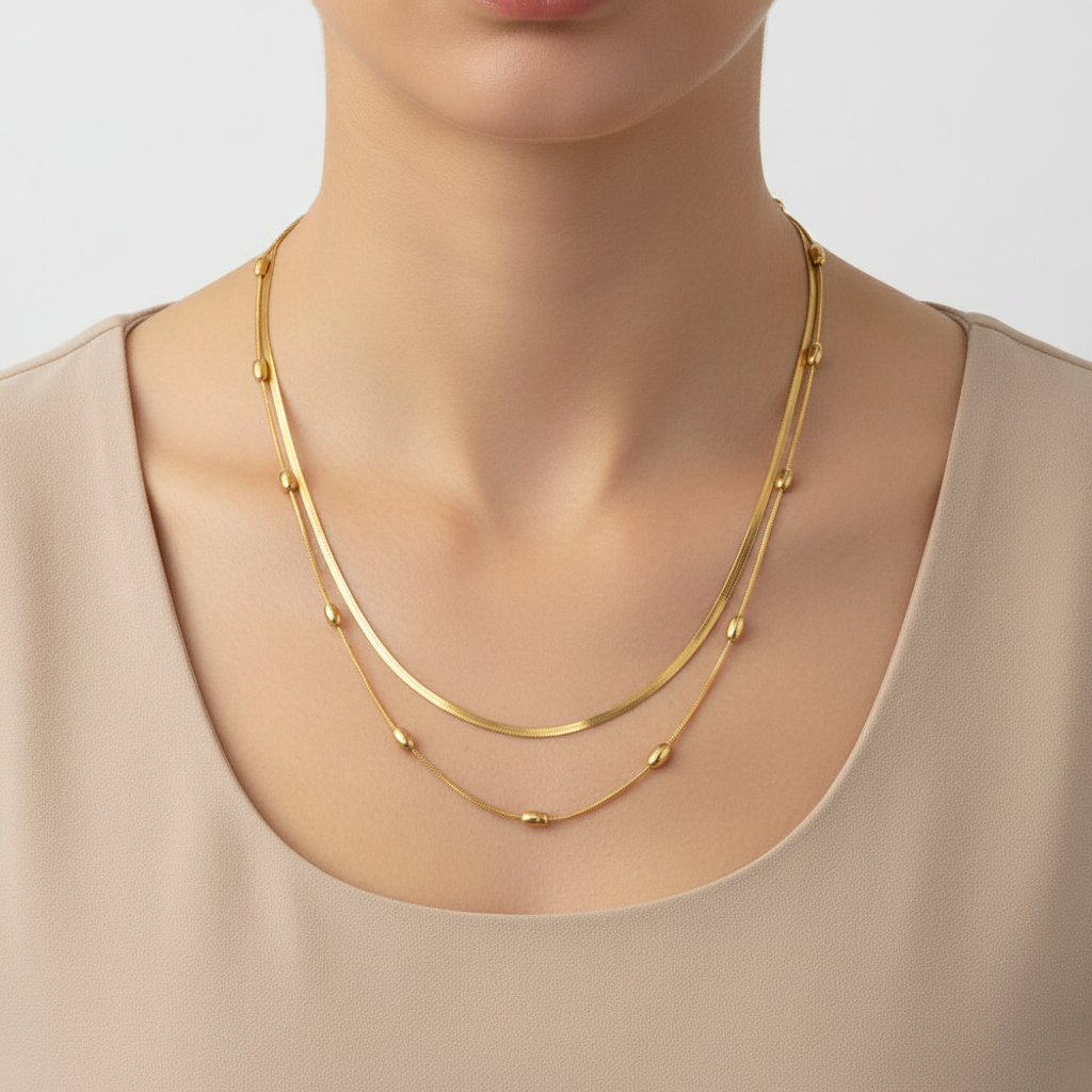 Gold Layered Beaded & Snake Chain Necklace for Women