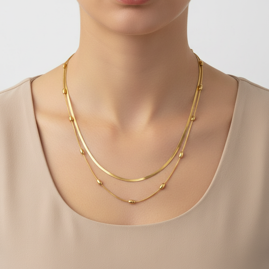Gold Layered Beaded & Snake Chain Necklace for Women
