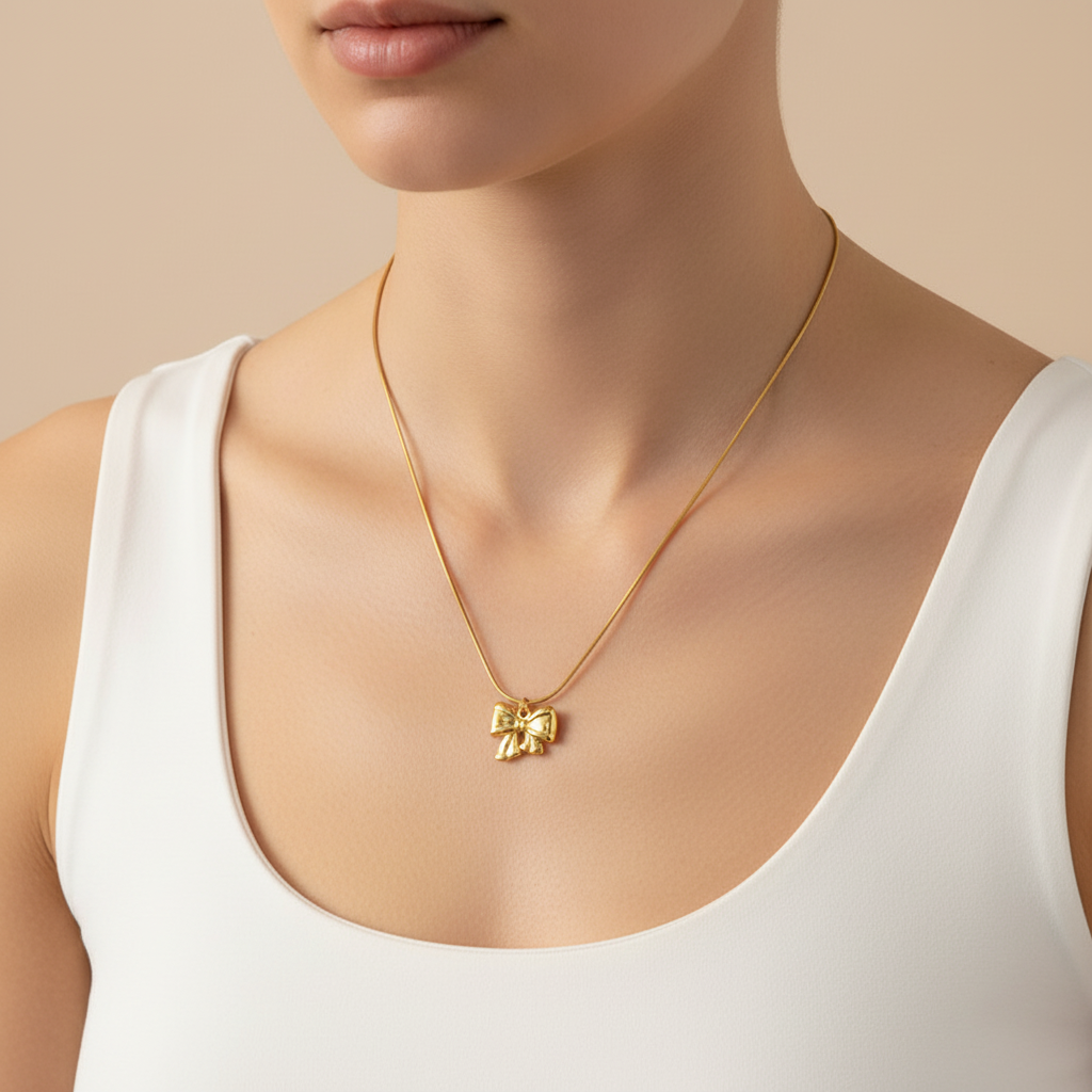 Gold Bow Pendant Necklace for Women