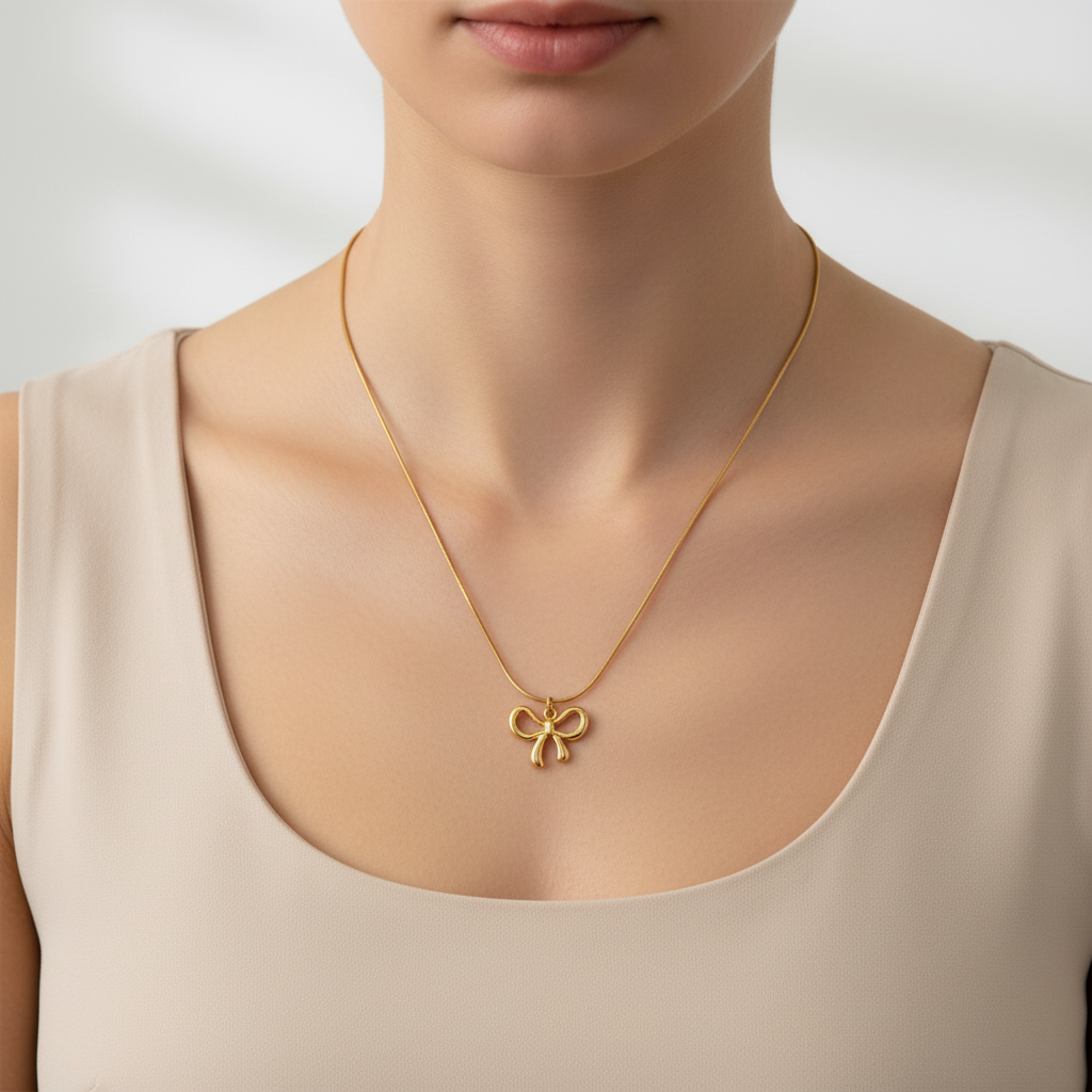 Gold Bow Pendant Necklace for Women