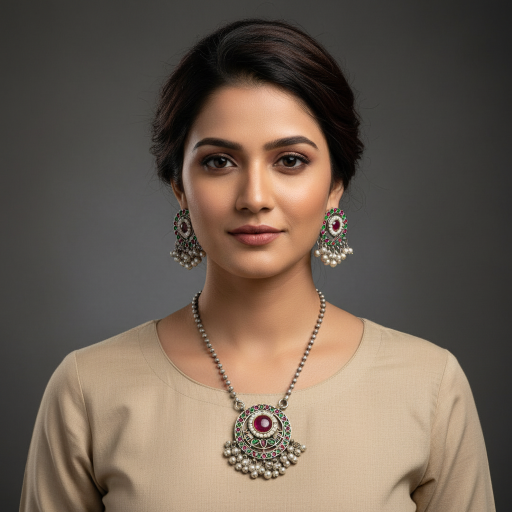 Oxidised German Silver Pendant Necklace Set for Women