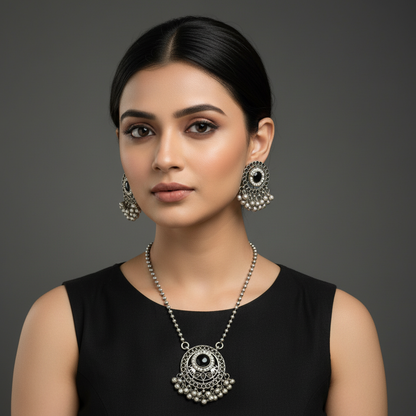 Oxidised German Silver Pendant Necklace Set for Women