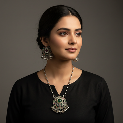 Oxidised German Silver Pendant Necklace Set for Women