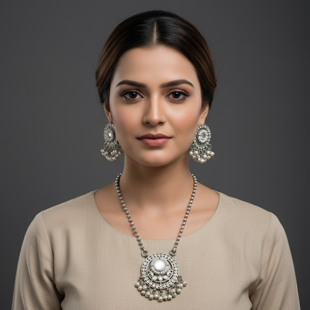 Oxidised German Silver Pendant Necklace Set for Women