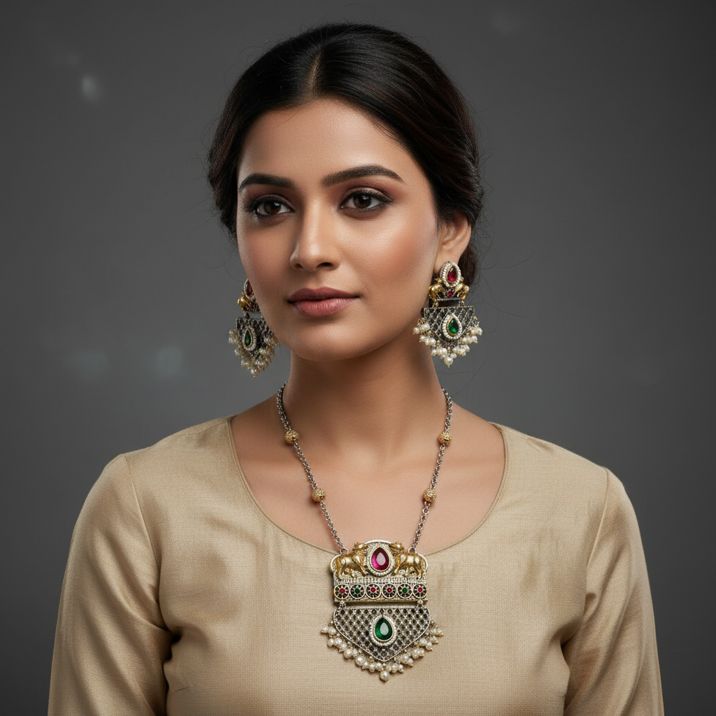 Oxidised German Silver Elephant Pendant Necklace Set for Women