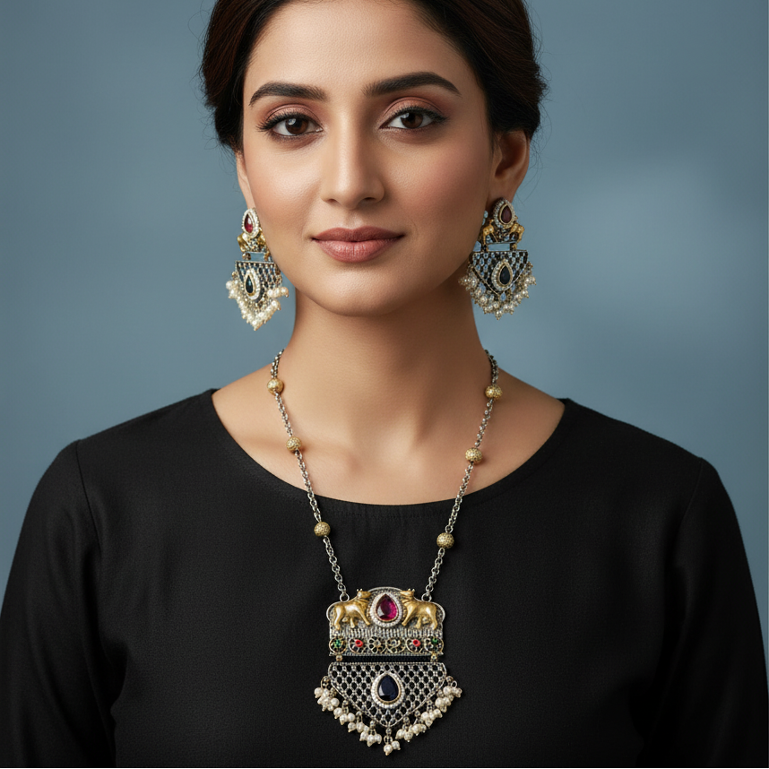 Oxidised German Silver Elephant Pendant Necklace Set for Women