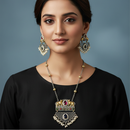 Oxidised German Silver Elephant Pendant Necklace Set for Women