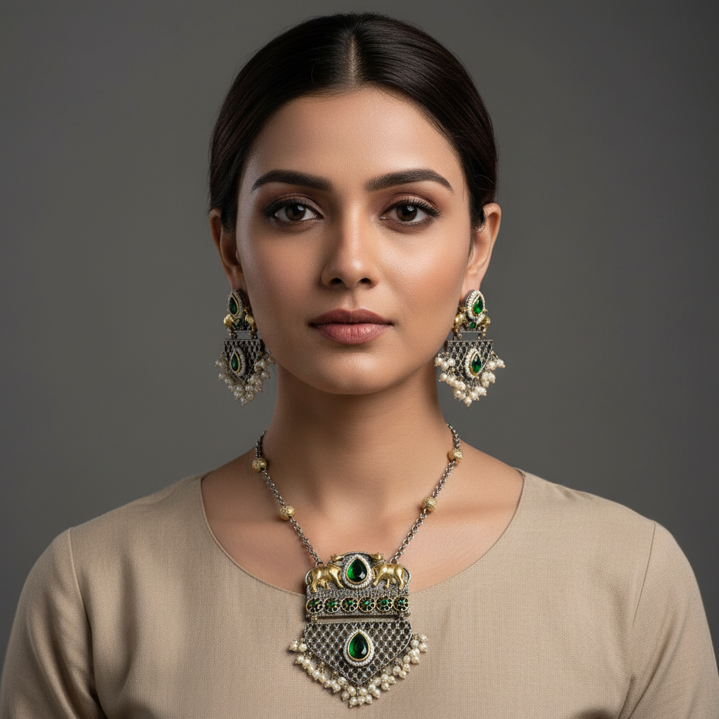 Oxidised German Silver Elephant Pendant Necklace Set for Women