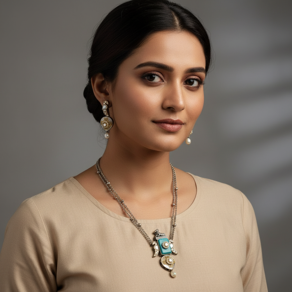 Oxidised German Silver Dual Layer Pendant Necklace for Women