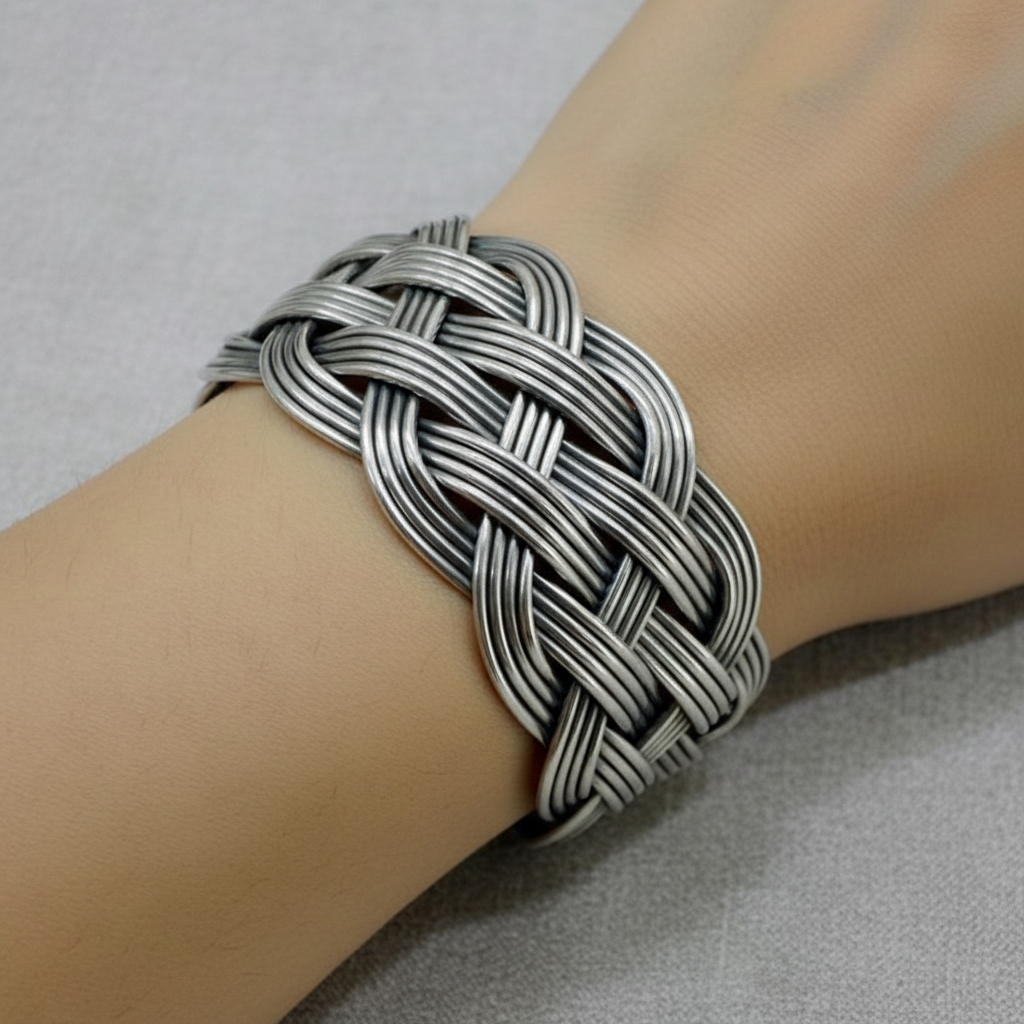 Braided Silver Statement Kada Bracelet for Women